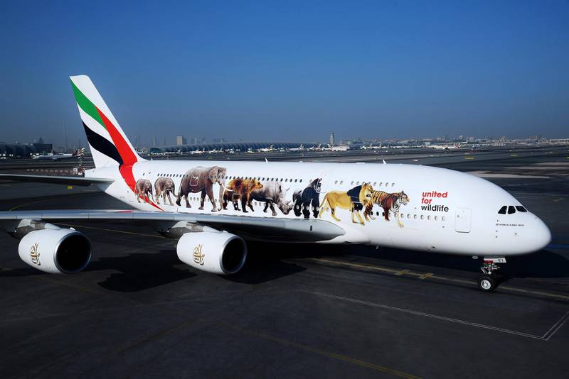 The United for Wildlife Emirates A380 before its first flight to London. Courtesy Emirates Airline