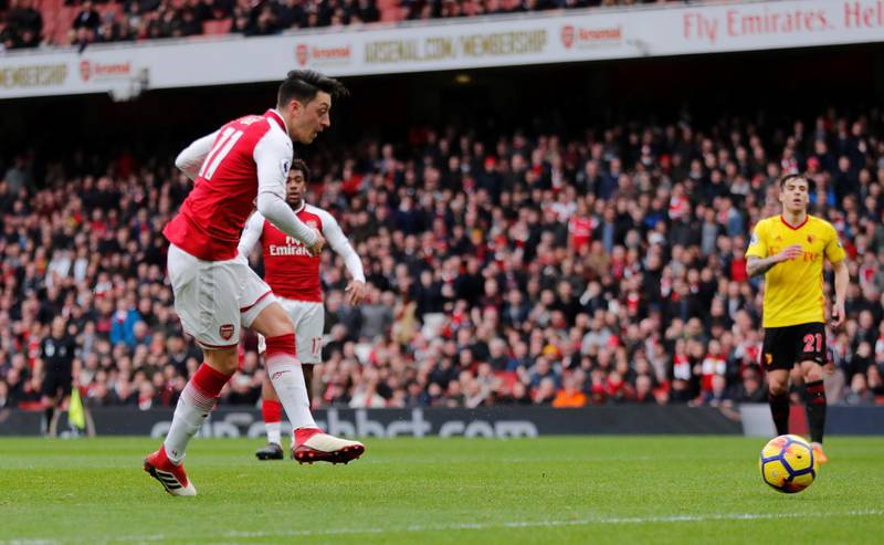 Soccer Football - Premier League - Arsenal vs Watford - Emirates Stadium, London, Britain - March 11, 2018   Arsenal's Mesut Ozil misses a chance to score               REUTERS/Eddie Keogh    EDITORIAL USE ONLY. No use with unauthorized audio, video, data, fixture lists, club/league logos or "live" services. Online in-match use limited to 75 images, no video emulation. No use in betting, games or single club/league/player publications.  Please contact your account representative for further details.