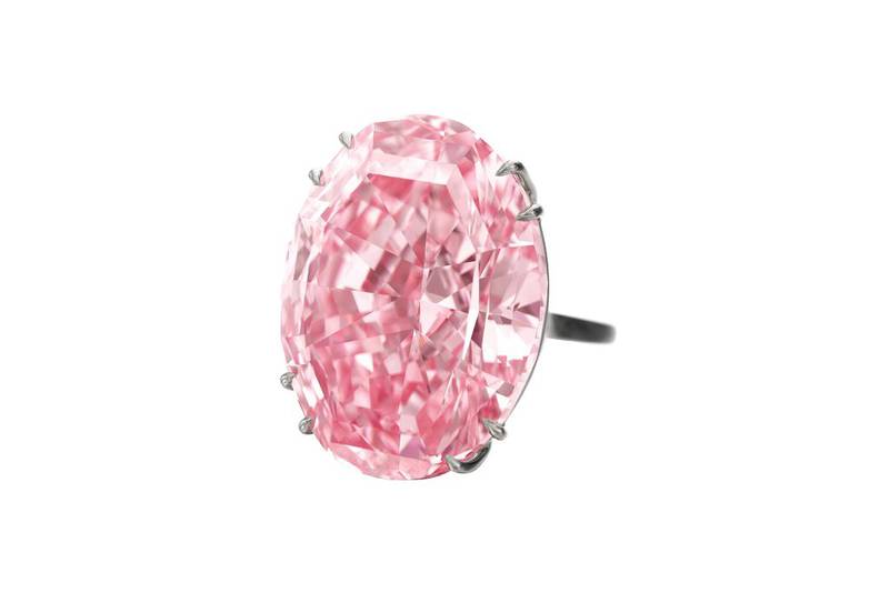 The Pink Star, the 59.60-carat, oval, mixed-cut pink diamond, is the largest internally flawless fancy vivid pink diamond that the Gemological Institute of America has ever graded. Courtesy Sotheby’s