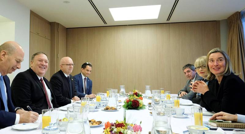 U.S. Secretary of State Mike Pompeo attends a meeting with European Union foreign policy chief Federica Mogherini in Brussels, Belgium February 15, 2019.  Olivier Hoslet/Pool via REUTERS