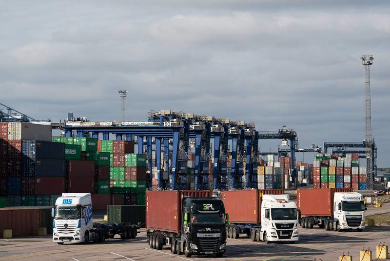 Lorries wait at the Port of Felixstowe in Suffolk, England, amid blockages due to a lack of drivers. The government has relaxed rules for overseas drivers to address supply chain issues.  PA