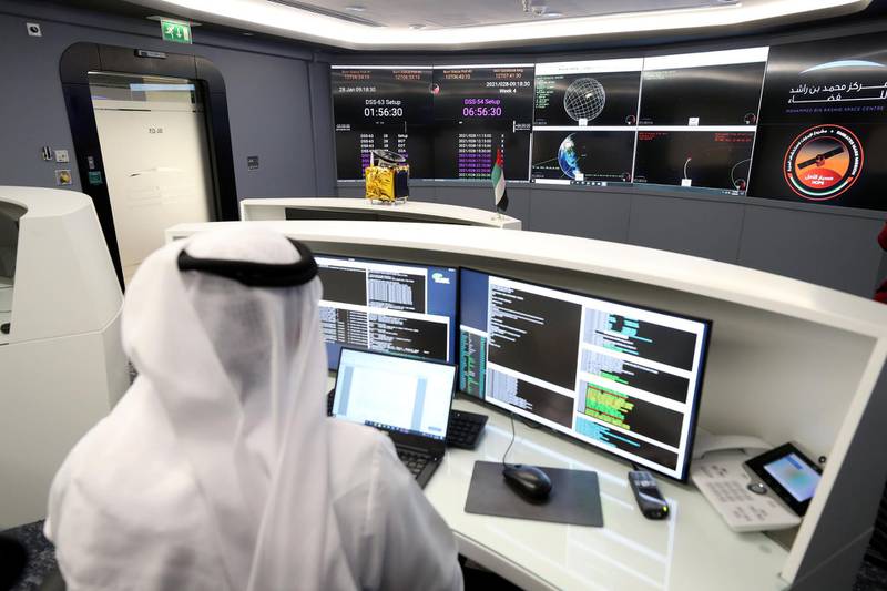 Dubai, United Arab Emirates - Reporter: Sarwat Nasir. News. Space. Ahmed Wali, senior engineer satellite operations looks at the data in mission control. Visit to MBRSC ground station for upcoming Mars orbit insertion. Dubai. Thursday, January 28th, 2021. Chris Whiteoak / The National