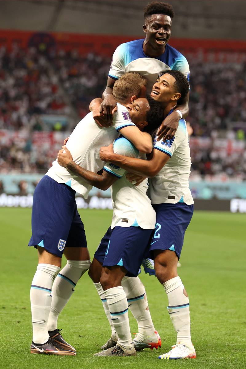 Raheem Sterling  celebrates with teammates after scoring England's third goal before half-time. Getty