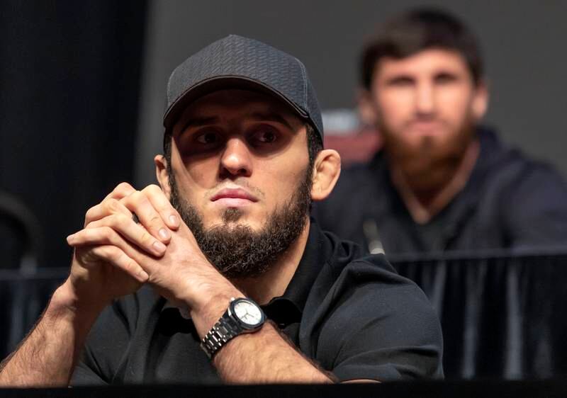 Islam Makhachev speaks at the press conference before UFC 267.