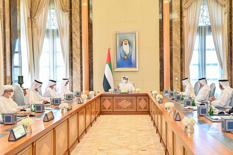 Sheikh Mansour bin Zayed, Deputy Prime Minister and Minister of Presidential Affairs, and vice chairman of Mubadala Investment Company, leads a meeting of the board at Qasr Al Watan in Abu Dhabi. Photo: Wam
