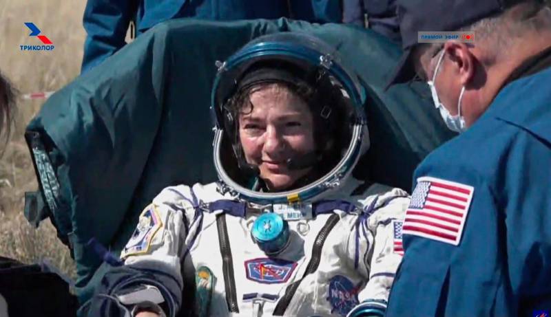 US astronaut Jessica Meir returns to Earth after taking part in the first all-women space walk  in October 2019. Roscosmos Space Agency via AP
