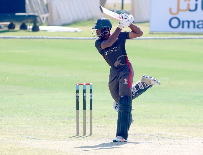 Vriitya Aravind plays a shot in the World T20 Global Qualifiers match between Ireland and the UAE. ICC