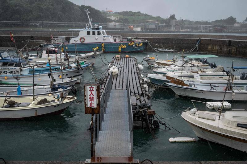 Fishing boats moored in Minamata, Kumamoto. It is feared that coastal areas will sustain heavy damage. AFP