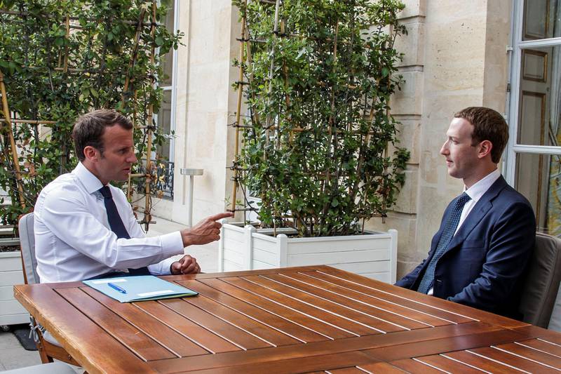 Facebook's founder and CEO Mark Zuckerberg meets with French President Emmanuel Macron at the Elysee Palace after the "Tech for Good" summit, in Paris, France, May 23, 2018.  Christophe Petit Tesson/Pool via Reuters