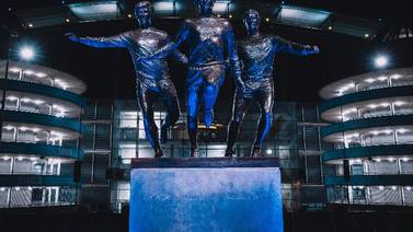 A statue honouring club legends Colin Bell, Francis Lee and Mike Summerbee is unveiled outside Manchester City's home ground, Etihad Stadium, on November 28, 2023. Photo: Manchester City FC