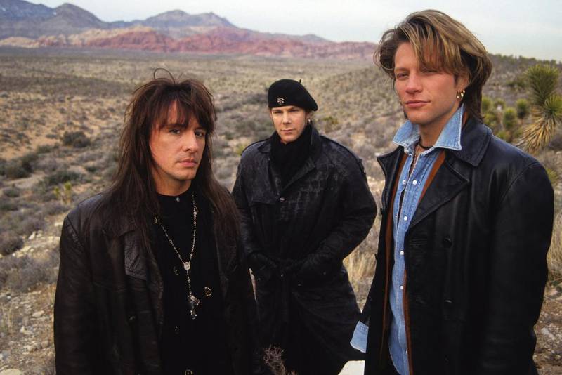 Richie Sambora, David Bryan and Jon Bon Jovi pose for photographs during the Bed of Roses video shoot in 1993 in Death Valley, Nevada. Larry Busacca / WireImage / Getty Images