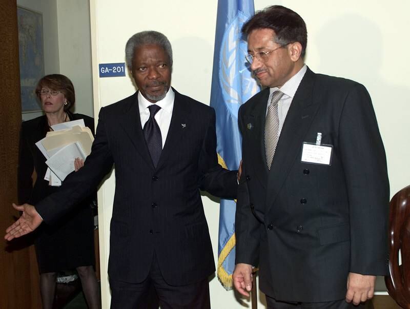 United Nations Secretary General Kofi Annan, left, meets with Mr  Musharraf at the United Nations Millennium Summit in New York on September 7, 2000. Reuters