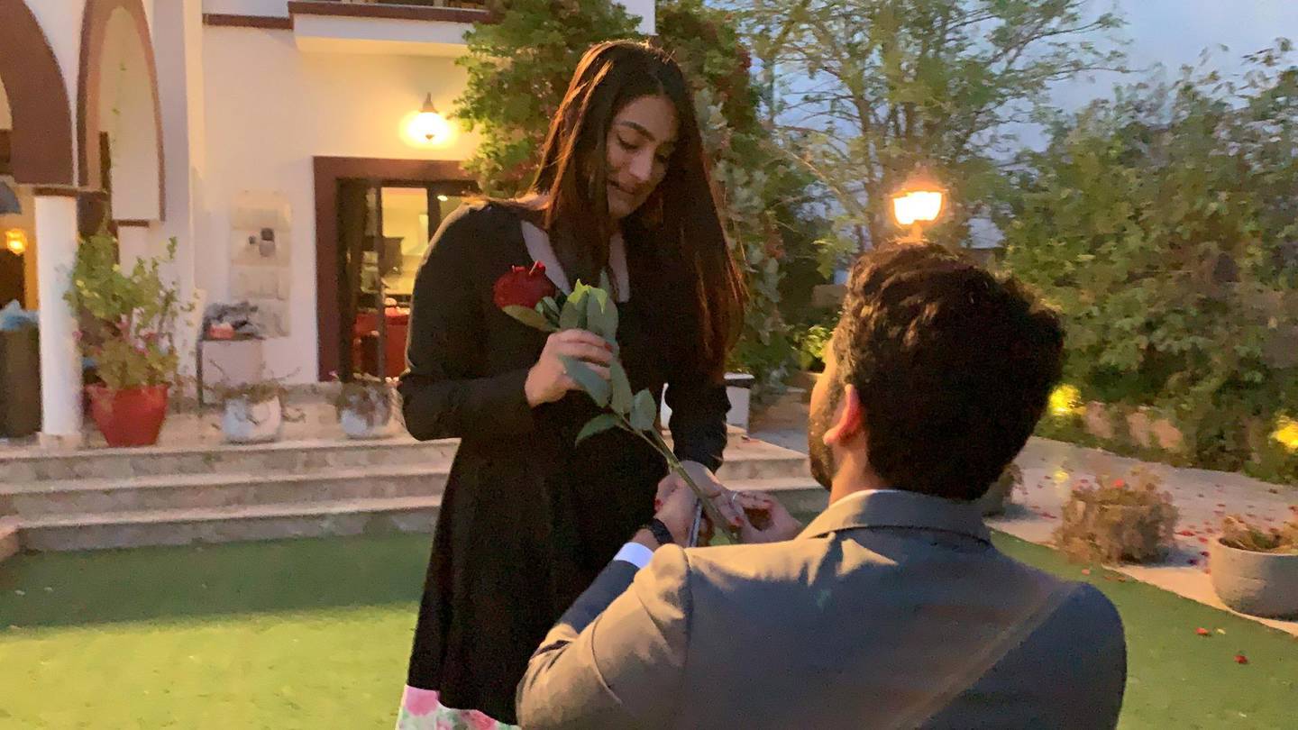 Ejaz Bangara proposed to partner Sahar Atmar in his garden, which had been decorated with petals