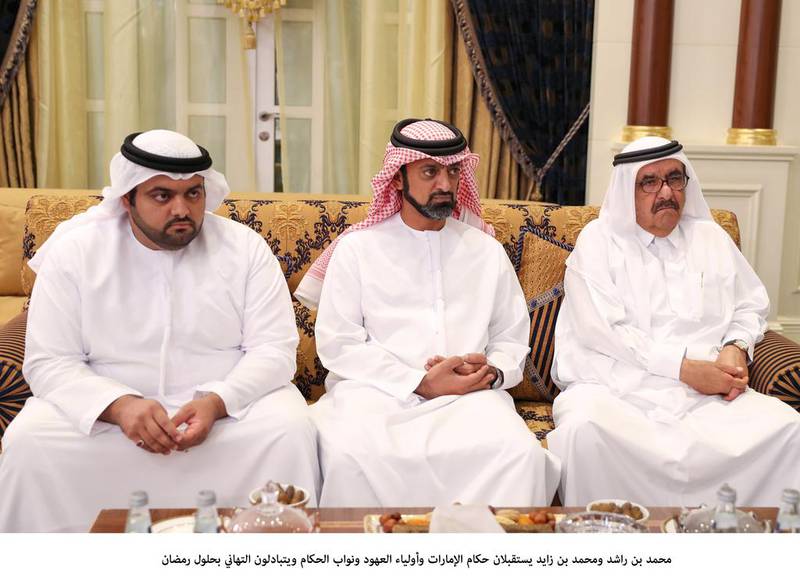 (L-R) Sheikh Mohammed bin Hamad Al Sharqi, Crown Prince of Fujairah; Sheikh Ammar bin Humaid Al Nuaimi, Crown Prince of Ajman and Sheikh Hamdan bin Rashid, Deputy Ruler of Dubai and Minister of Finance, attend a reception at Mushrif Palace in Abu Dhabi held by Sheikh Mohammed bin Rashid, Vice President and Ruler of Dubai, and Sheikh Mohammed bin Zayed, Crown Prince of Abu Dhabi and Deputy Supreme Commander of the Armed Forces, on Sunday. Wam