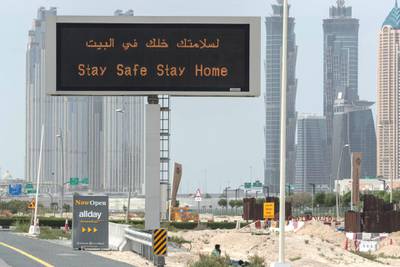 DUBAI, UNITED ARAB EMIRATES. 13 APRIL 2020. General STANDALONE image of Dubbai streets during the COVID-19 Lockdown of Dubai. A Stay Safe Stay Home display on Meydan road. (Photo: Antonie Robertson/The National) Journalist: Standalone. Section: National.