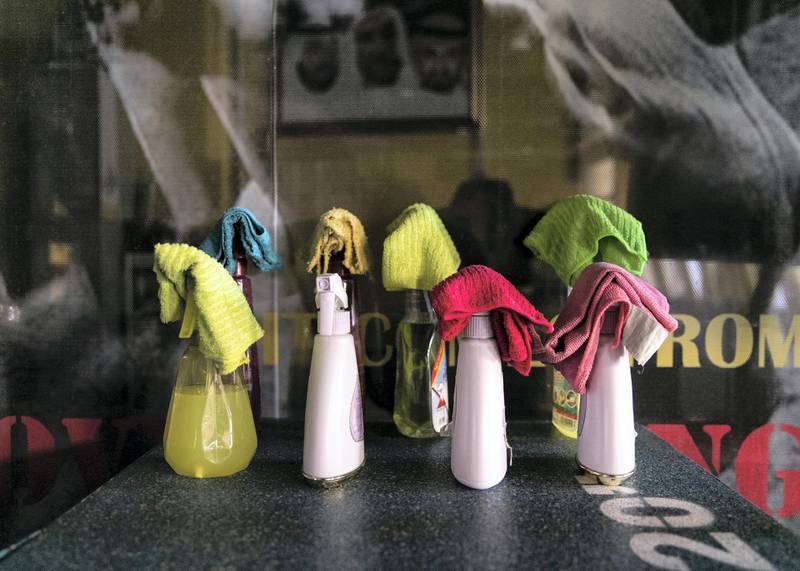 DUBAI, UNITED ARAB EMIRATES. 29 MAY 2020. Camp Star Gym in Dubai International City is providing their customers with masks, gloves, and sanitizing spray bottle to sanitize the equipment before and after use.(Photo: Reem Mohammed/The National)Reporter:Section: