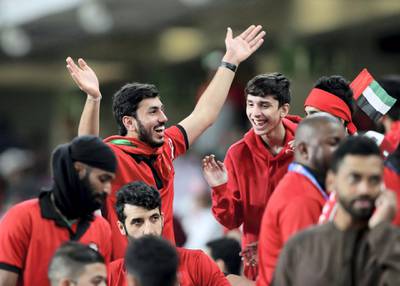 Al Ain, United Arab Emirates - January 14, 2019: UAE fans before the game between UAE and Thailand in the Asian Cup 2019. Monday, January 14th, 2019 at Hazza Bin Zayed Stadium, Al Ain. Chris Whiteoak/The National
