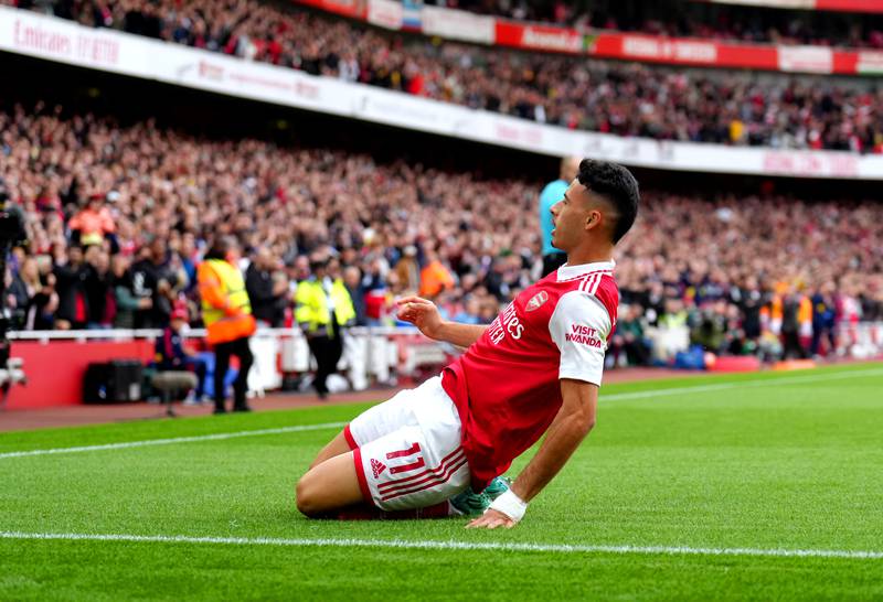 Arsenal's Gabriel Martinelli celebrates scoring the opening goal. PA