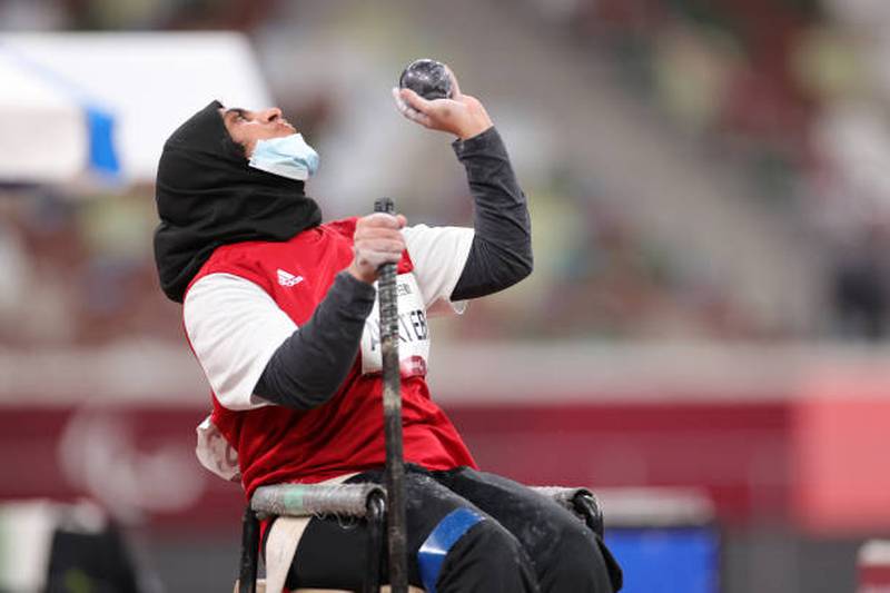 UAE's Noura Al Ketbi competes in F32 women's shot put at the Tokyo 2020 Paralympic Games. Getty
