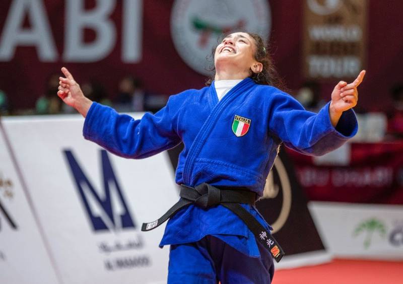 Italian Assunta Scutto celebrates after striking gold at the Abu Dhabi Grand Slam at the Jiu-Jitsu Arena on Friday. Photo: IJF