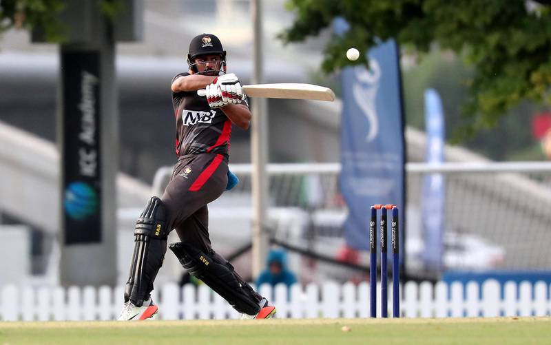 DUBAI, UNITED ARAB EMIRATES , Dec 15– 2019 :- Basil Hameed of UAE playing a shot during the World Cup League 2 cricket match between UAE vs Scotland held at ICC academy in Dubai. UAE won the match by 7 wickets. He scored not out 63 runs in this match. ( Pawan Singh / The National )  For Sports. Story by Paul