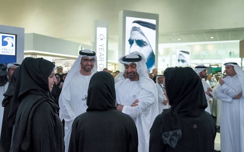 ABU DHABI, UNITED ARAB EMIRATES - November 14, 2018: HH Sheikh Mohamed bin Zayed Al Nahyan, Crown Prince of Abu Dhabi and Deputy Supreme Commander of the UAE Armed Forces (R), visits the ADNOC stand while touring the Abu Dhabi International Petroleum Exhibition and Conference (ADIPEC), at the Abu Dhabi National Exhibition Centre. Seen with HE Dr Sultan Ahmed Al Jaber, UAE Minister of State, Chairman of Masdar and CEO of ADNOC Group (L).

( Mohamed Al Hammadi / Ministry of Presidential Affairs )
---