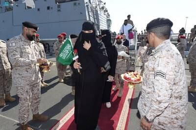 Saudis are met by Saudi Royal Navy staff as they arrive at Jeddah on the Red Sea after being evacuated from Sudan. Reuters 