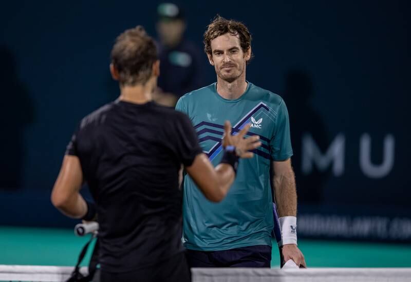 Rafael Nadal and Andy Murray greet each other at the net after their semi-final match at the Mubadala World Tennis Championship. Victor Besa / The National