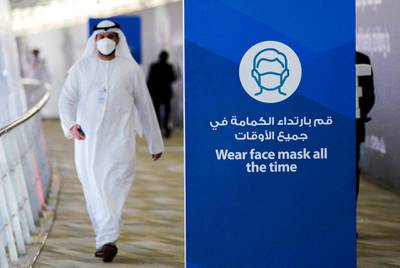 Abu Dhabi, United Arab Emirates, February 22, 2021.  Idex 2021 Day 2.Face mask reminders at the exhibition.Victor Besa / The NationalSection:  NA