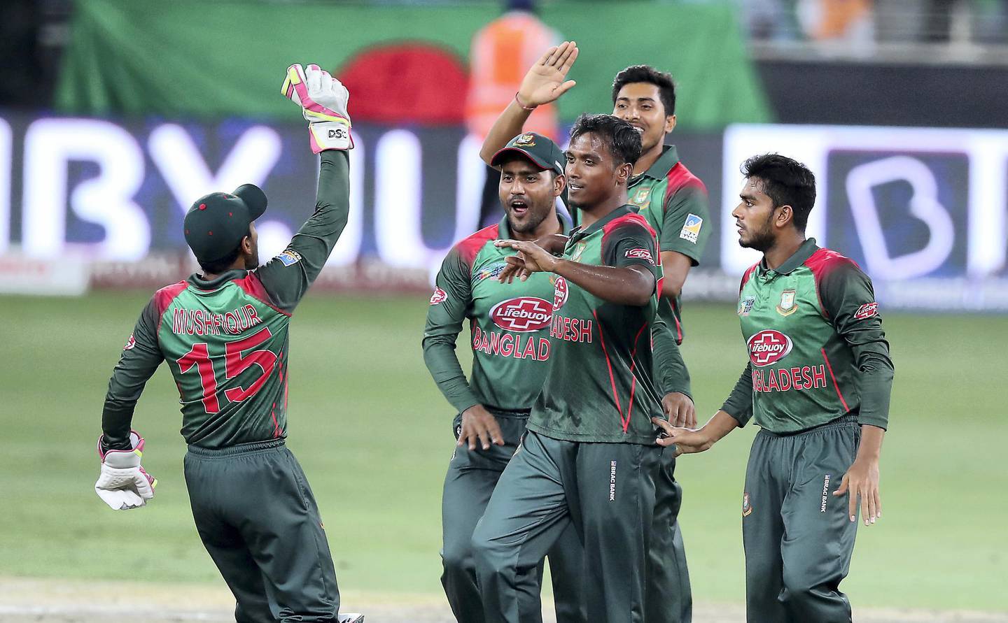 DUBAI , UNITED ARAB EMIRATES, September 28 , 2018 :- Rubel Hossain ( 3rd left ) of Bangladesh celebrating after taking the wicket of Rohit Sharma during the final of Unimoni Asia Cup UAE 2018 cricket match between Bangladesh vs India held at Dubai International Cricket Stadium in Dubai. ( Pawan Singh / The National )  For News/Sports/Instagram/Big Picture. Story by Paul