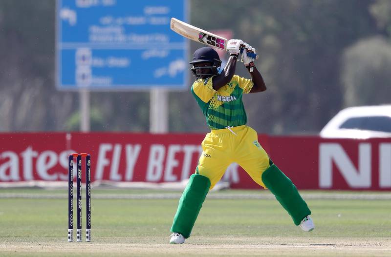 ABU DHABI , UNITED ARAB EMIRATES , October 24  – 2019 :- Sesan Adedeji of Nigeria playing a shot during the World Cup T20 Qualifiers between UAE vs Nigeria held at Tolerance Oval cricket ground in Abu Dhabi. UAE won the match by 5 wickets.  ( Pawan Singh / The National )  For Sports. Story by Paul