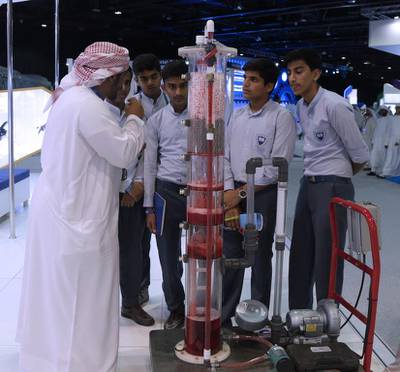 Students learn how a Gas Contactor Demonstrator works at the Think Science Fair in Dubai. Jeffrey E Biteng / The National