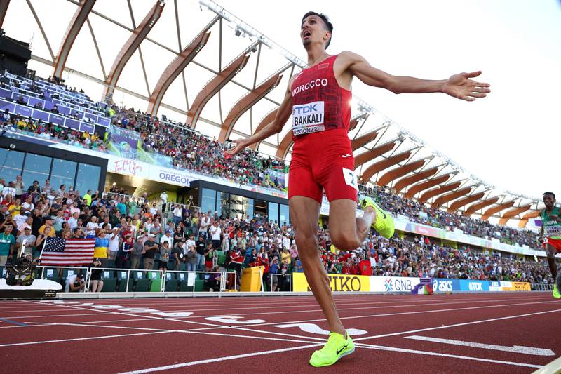 EUGENE, OREGON - JULY 18: Soufiane El Bakkali of Team Morocco celebrates as he crosses the finish line to win the gold medal in the Men's 3000m Steeplechase Final on day four of the World Athletics Championships Oregon22 at Hayward Field on July 18, 2022 in Eugene, Oregon.    Ezra Shaw / Getty Images / AFP

