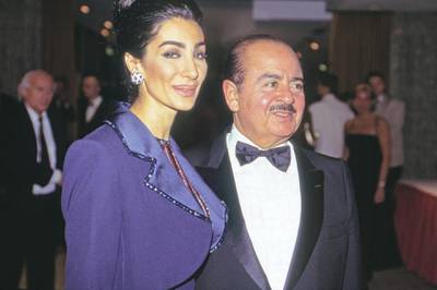 Adnan Khashoggi with wife Soraya at UNESCO Gala in Neuss, Germany, 1996. (Photo by Wolfgang Kuhn/United Archives via Getty Images)