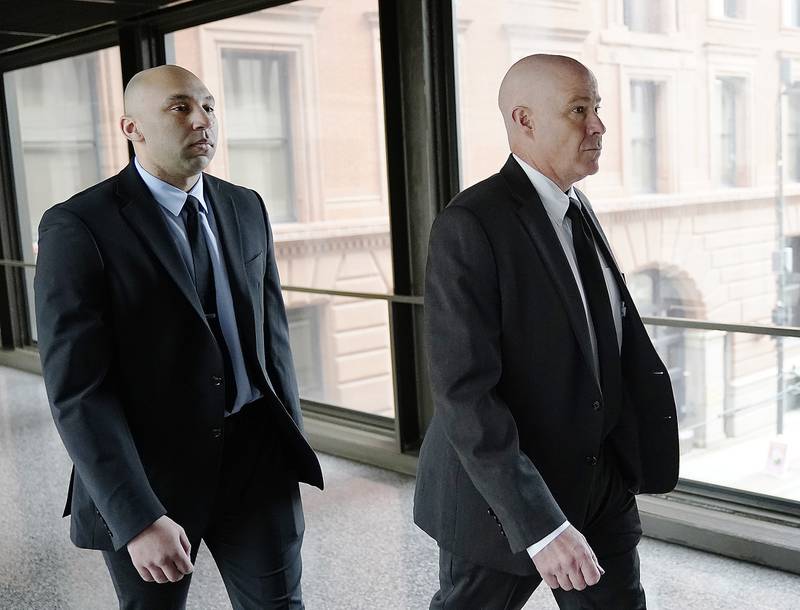 Former Minneapolis police officer J Alexander Kueng, left, and his lawyer, Thomas Plunkett. AP