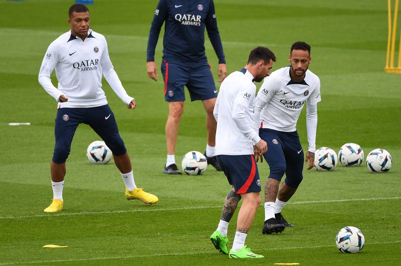 Lionel Messi, Neymar and Kylian Mbappe take part in PSG's training session at the Camp des Loges. AFP