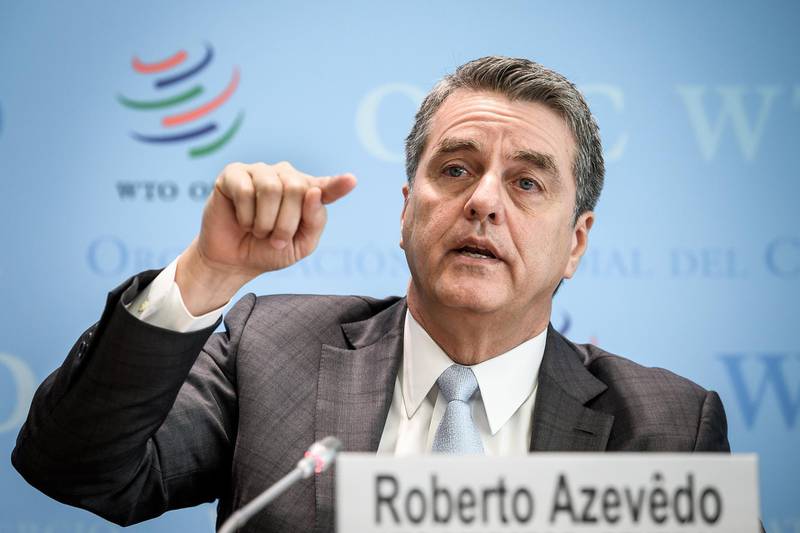 World Trade Organization (WTO) director-general Roberto Azevedo attends a press conference on global trade growth forecasts for 2019-2020, on April 2, 2019 in Geneva. Global trade growth is expected to be lower in 2019 than it was last year, the World Trade Organization forecast, citing widespread "tensions" and uncertainty. / AFP / Fabrice COFFRINI
