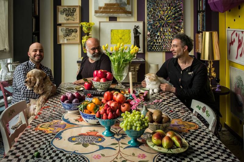 Hesam Rahmanian, Ramin and Rokni Haerizadeh in their home and studio in Dubai. Photo: Maaziar Sadr