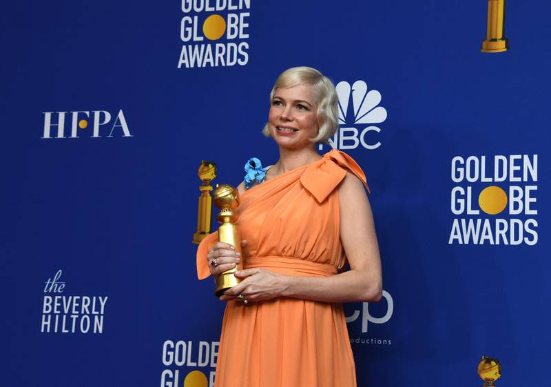 epa08106372 Michelle Williams holds the award for Best Performance by an actress in a Limited Series or a Motion Picture Made for Television for 'Fosse/Verdon' in the press room during the 77th annual Golden Globe Awards ceremony at the Beverly Hilton Hotel, in Beverly Hills, California, USA, 05 January 2020.  EPA/CHRISTIAN MONTERROSA