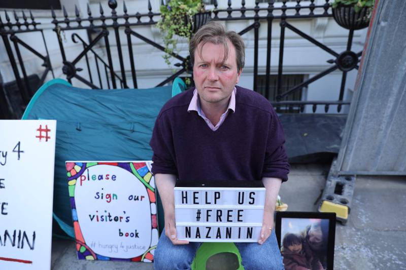 Mr Ratcliffe on hunger strike outside the Iranian embassy in 2019. The protest lasted for 15 days and was done in solidarity with his wife, who took the same action behind bars in Tehran. AFP