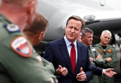 British prime minister David Cameron meets aircrew at the Farnborough Airshow in 2016.