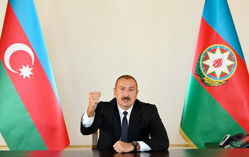Azerbaijani President Ilham Aliyev gestures as he addresses the nation in Baku, Azerbaijan. AP