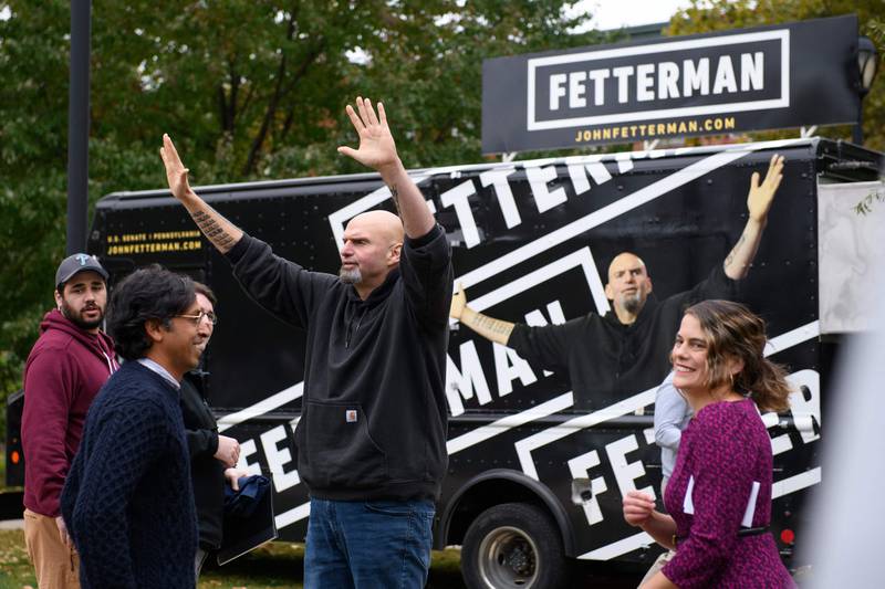 Pennsylvania's Lieutenant Governor John Fetterman waves to supporters after speaking at Dickinson Square Park in Philadelphia on Sunday. AFP