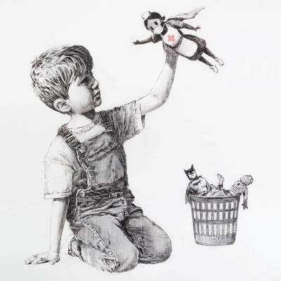 A picture shows a drawing created by the street artist Banksy called "Game Changer" as an appreciation for the NHS and is on display at Southampton General Hospital, in Southampton, Britain May 6, 2020 in this picture obtained from social media. It shows a boy dressed in dungarees playing with a nurse superhero toy with figures of Batman and Spiderman discarded in a basket on the floor. @BANKSY INSTRAGRAM/via REUTERS THIS IMAGE HAS BEEN SUPPLIED BY A THIRD PARTY. MANDATORY CREDIT. NO RESALES. NO ARCHIVES.