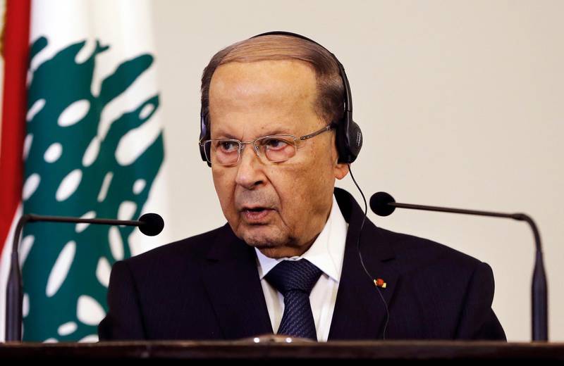 Lebanese President Michel Aoun, speaks during a joint press conference with his Austrian counterpart Alexander Van Der Bellen, at the Presidential Palace in Baabda, east of Beirut, Lebanon, Tuesday, Dec. 11, 2018. Lebanon's President says Israel's operation to destroy what it called Hezbollah attack tunnels across the borders won't endanger the calm in the area. (AP Photo/Bilal Hussein)
