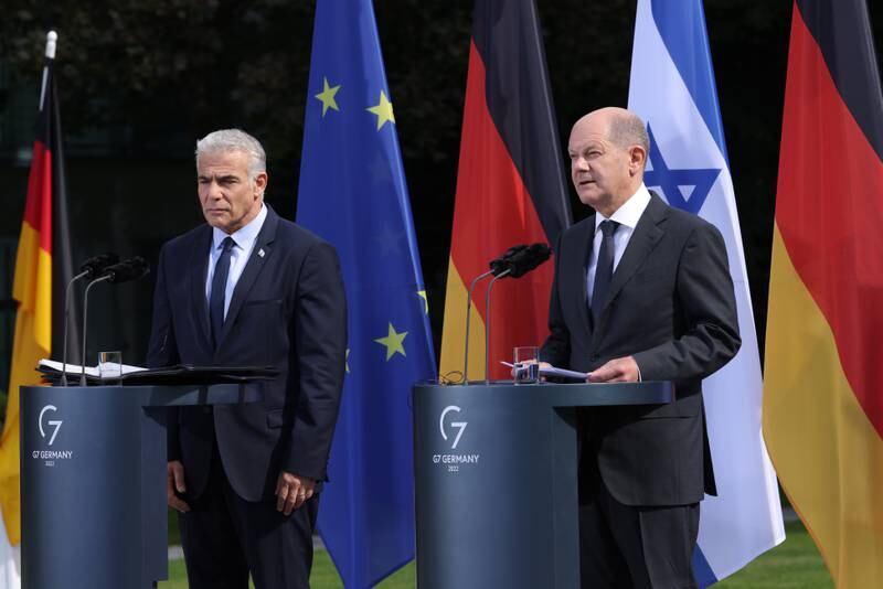 Mr Scholz and interim Israeli prime minister Yair Lapid after talks at the Chancellery in Berlin in September. Getty Images