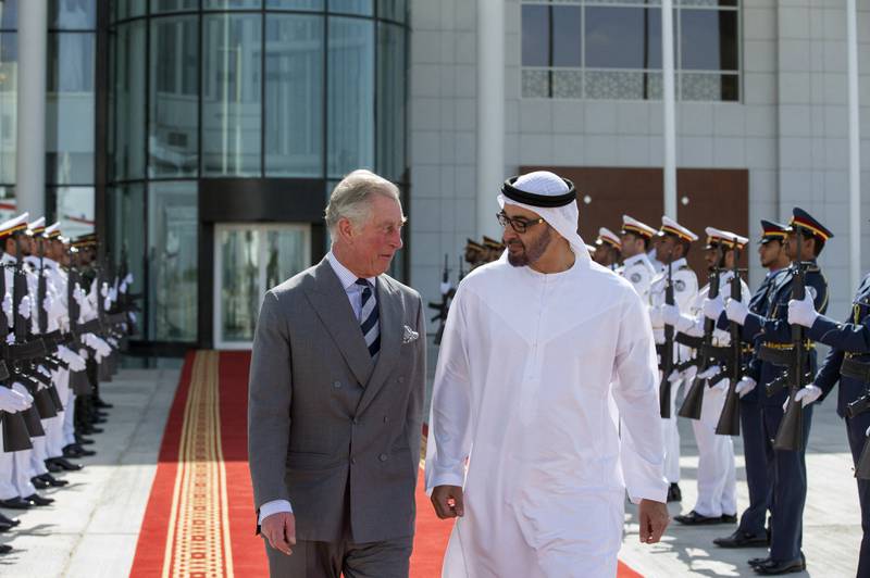 Sheikh Mohamed bin Zayed, Crown Prince of Abu Dhabi and Deputy Supreme Commander of the Armed Forces, receives Prince Charles in Abu Dhabi in February 2014. Wam