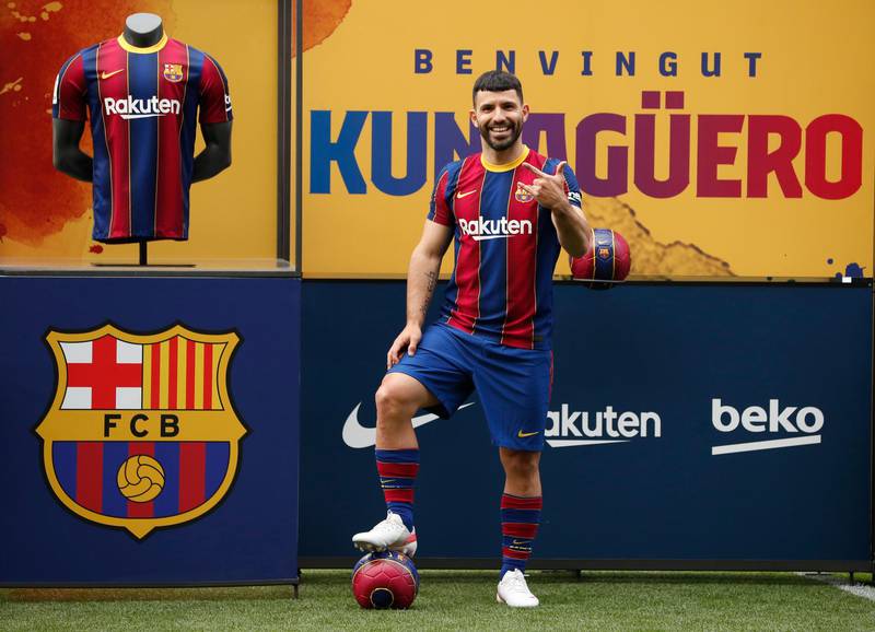 Barcelona's new signing Sergio Aguero at his unveiling at Camp Nou. Reuters