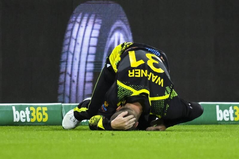 David Warner of Australia is injured after landing awkwardly while attempting a catch. EPA