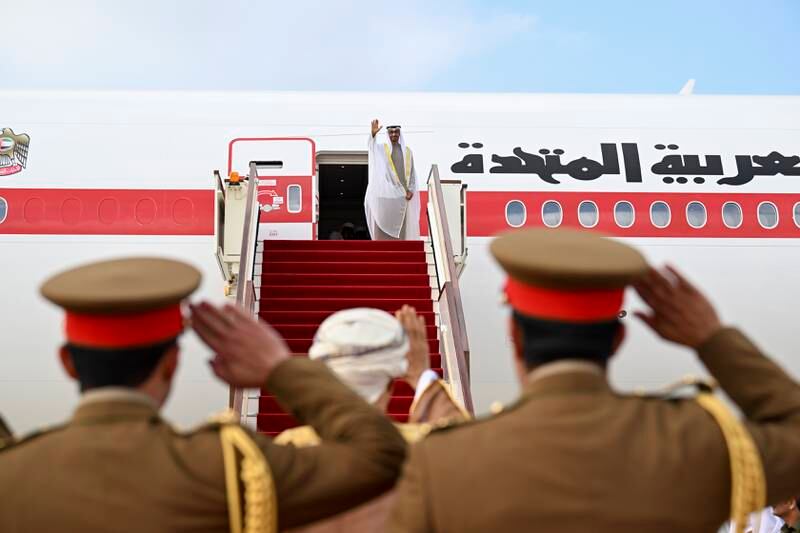President Sheikh Mohamed bids farewell to Sultan Haitham.